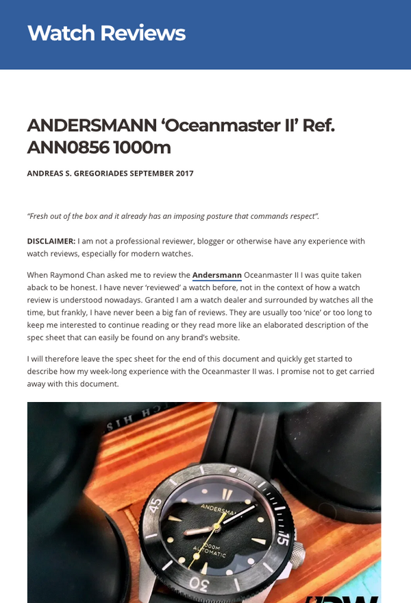 THANK YOU ANDREAS OF DIVER’S WATCHES GROUP REVIEWING ANDERSMANN OCEANMASTER II ANN0856