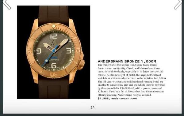 Thank you Oracle Time UK - May 2020 issue includes Andersmann Bronze 1000m in “The Ultimate Microbrand Guide”.